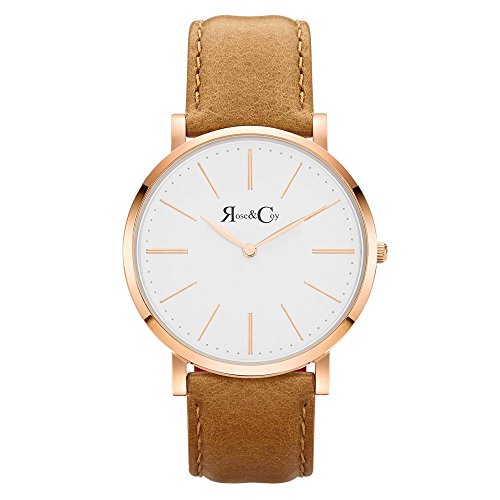 Rose & Coy Women's Quartz Pinnacle Ultra Slim 40mm White Dial Watch with Rose Gold Case with Tan Leather Strap analog Display and Leather Strap, RC0401