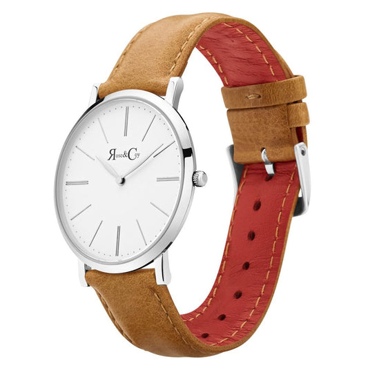 Rose & Coy Pinnacle Ultra Slim 40mm Silver | Tan Leather Watch