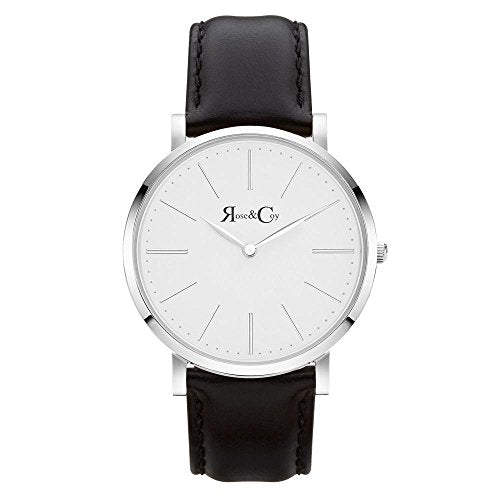 Rose & Coy Men's Quartz Pinnacle Ultra Slim 40mm White Dial Watch with Silver Case with Black Leather Strap analog Display and Leather Strap, RC0102
