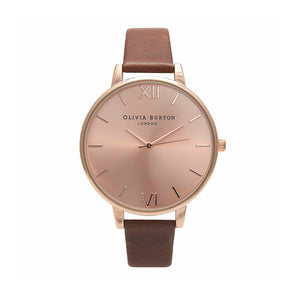 Olivia Burton Big Dial Rose Gold Case Brown Watch