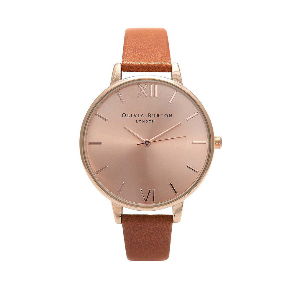 Olivia Burton Big Dial Rose Gold Case Tan Watch