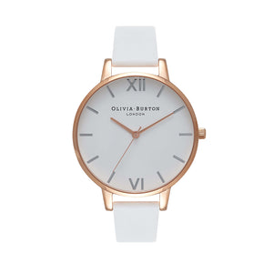 Olivia Burton Big Dial Rose Gold White Strap Watch