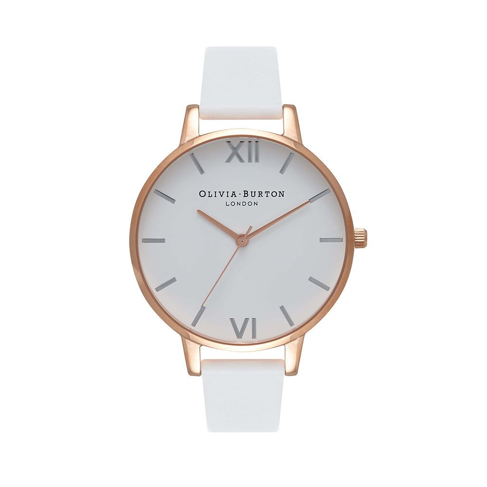 Olivia Burton Big Dial Rose Gold White Strap Watch