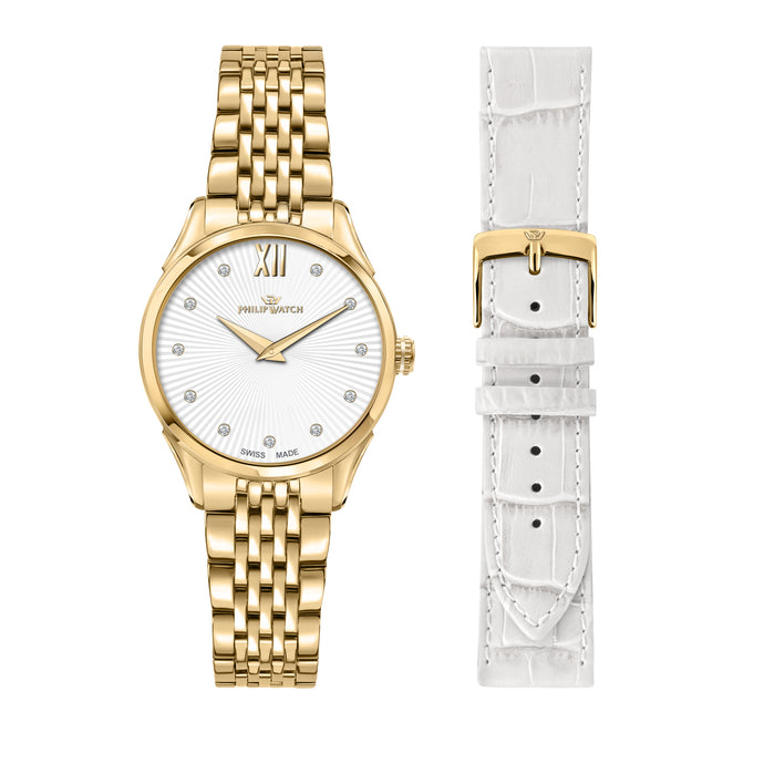 Philip Roma Swiss Made Gold Watch with Interchangeable White Strap