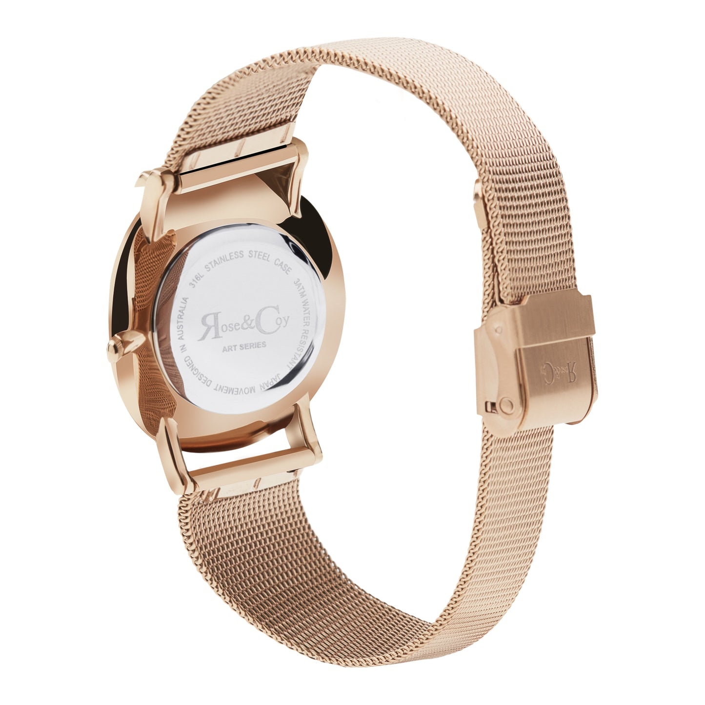 Rose & Coy Mini Pinnacle Ultra Slim 34mm Rose Gold Black Dial | Mesh Strap Watch