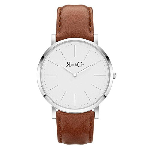 Rose & Coy Men's Quartz Pinnacle Ultra Slim 40mm White Dial Watch with Silver Case with Brown Leather Strap analog Display and Leather Strap, RC0502