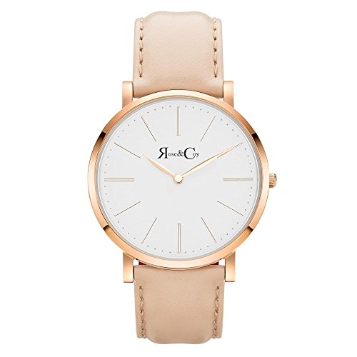 Rose & Coy Women's Quartz Pinnacle Ultra Slim 40mm White Dial Watch with Rose Gold Case with Peach Leather Strap analog Display and Leather Strap, RC0301