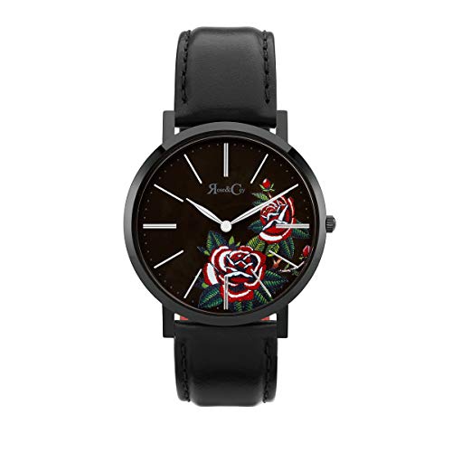 Rose & Coy Women's Quartz Midnight Red Rose Ultra Slim 40mm Black Watch analog Display and Leather Strap
