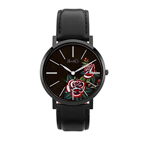 Rose & Coy Women's Quartz Midnight Red Rose Ultra Slim 40mm Black Watch analog Display and Leather Strap, RCA1101