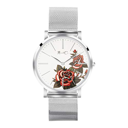 Rose & Coy Women's Quartz Pinnacle 40mm Red Rose Silver Mesh Strap Watch analog Display and Stainless Steel Strap