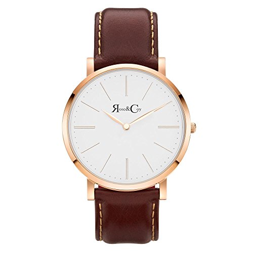 Rose & Coy Women's Quartz Pinnacle Ultra Slim 40mm White Dial Watch with Rose Gold Case with Dark Brown Leather Strap analog Display and Leather Strap, RC0601