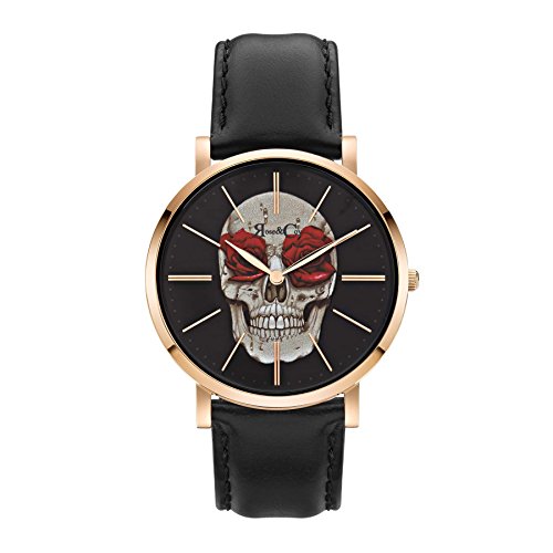 Rose & Coy Women's Quartz Art Series Skull and Rose Ultra Slim 40mm Rose Gold Watch analog Display and Leather Strap, RCA0101