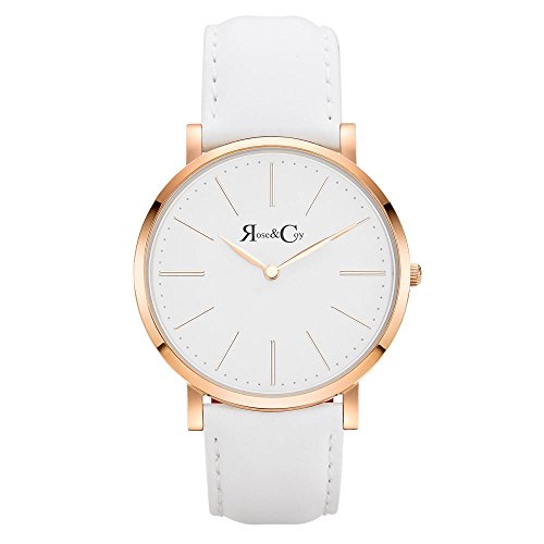 Rose & Coy Women's Quartz Pinnacle Ultra Slim 40mm White Dial Watch with Rose Gold Case with White Leather Strap analog Display and Leather Strap, RC0201