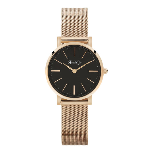 Rose & Coy Petite Pinnacle Ultra Slim 30mm Rose Gold Black Dial | Mesh Strap Watch