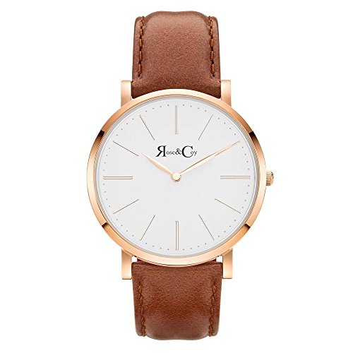 Rose & Coy Women's Quartz Pinnacle Ultra Slim 40mm White Dial Watch with Rose Gold Case with Brown Leather Strap analog Display and Leather Strap, RC0501