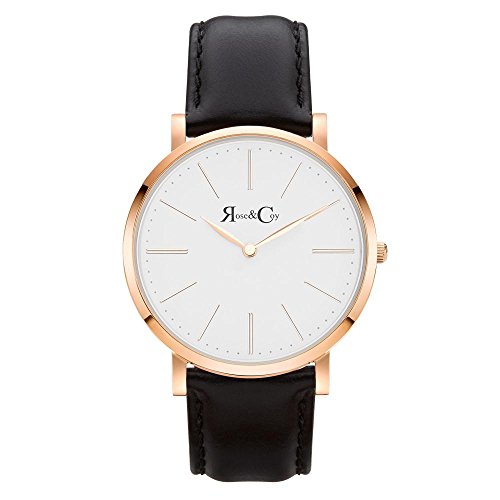 Rose & Coy Women's Quartz Pinnacle Ultra Slim 40mm White Dial Watch with Rose Gold Case with Black Leather Strap analog Display and Leather Strap, RC0101