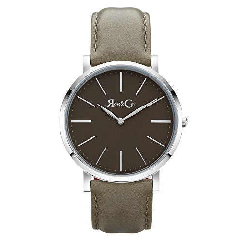 Rose & Coy Men's Quartz Pinnacle Ultra Slim 40mm Grey Dial Watch with Silver Case with Grey Leather Strap analog Display and Leather Strap, RC0701